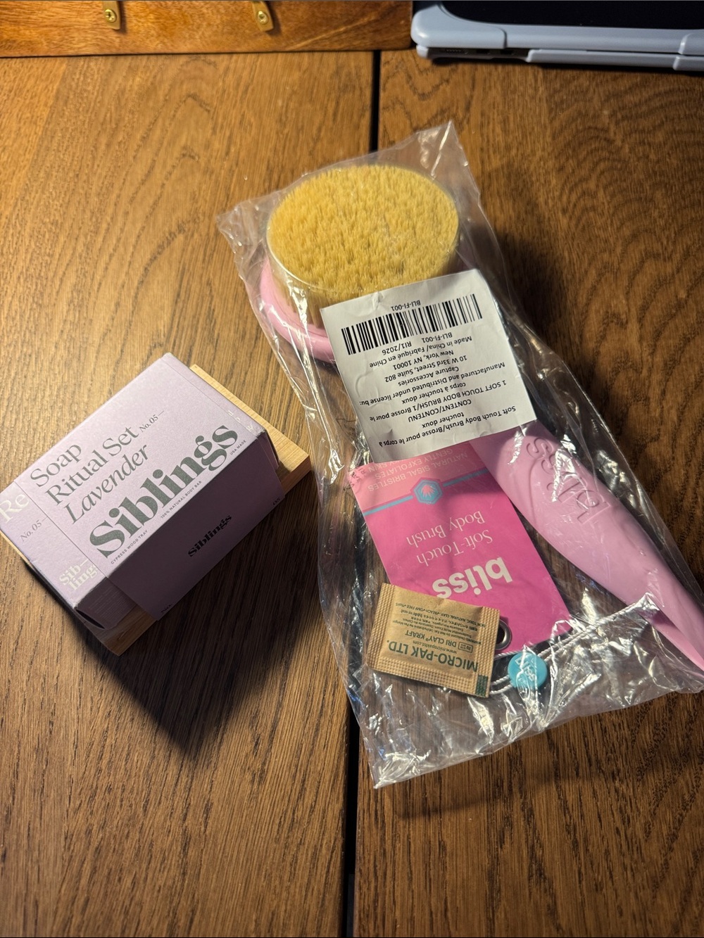 Bliss Pink Body Brush and lavender soap bar Ritual gift set